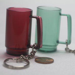 RARE Vintage Tupperware TWO Mini Transparent Mug Keychains (maroon + dark green)